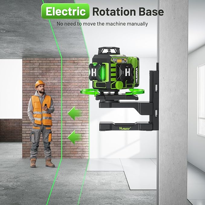 Huepar Laser Level 360 Self Leveling, W04CG Upgraded 4x360° Bluetooth Construction Lazer Leveler Tool with Electric Rotating Base ＆ Large LCD Screen, 4D 16 Lines Green Cross Laser Level