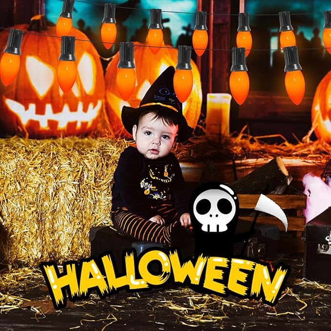 25 Pack C9 Incandescent Light Bulbs, C9 Ceramic Orange Replacement Bulb for Halloween Christmas String Lights, C9/E17 Candelabra Base, 7 Watt