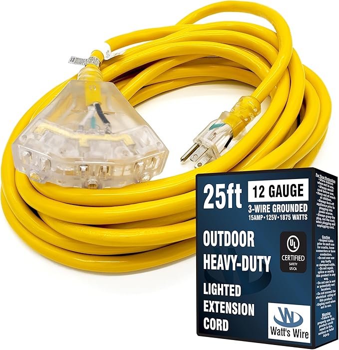 Outdoor Extension Cord Waterproof (25 ft) 12 Gauge Heavy Duty Extension Cord Splitter - Lighted Outdoor Extension Cords with Multiple Outlets - Watts Wire - 25' Grounded - extensiones electricas
