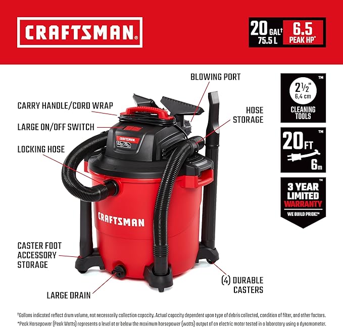 CRAFTSMAN CMXEVBE17596 20 Gallon 6.5 Peak HP Heavy Duty Wet/Dry Shop Vacuum with Filter, Dust Bag, Hose, Attachments and CMXEVBE17678 1.75 Peak HP Wet/Dry Shop Vac Powerhead with Filter Bag and Hose