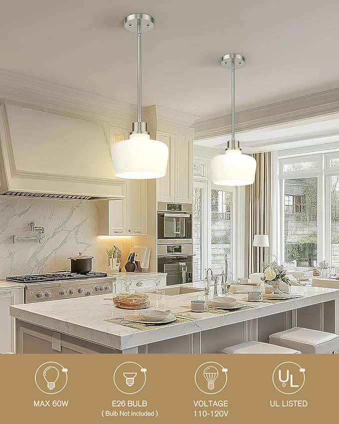 Emak Brushed Nickel Pendant Light Fixtures, Modern Pendant Lights Kitchen Island with Milk Glass Shade, 10 Inch Large Island Lights for Kitchen, Dining Room, Bathroom, PL126-BN-ML