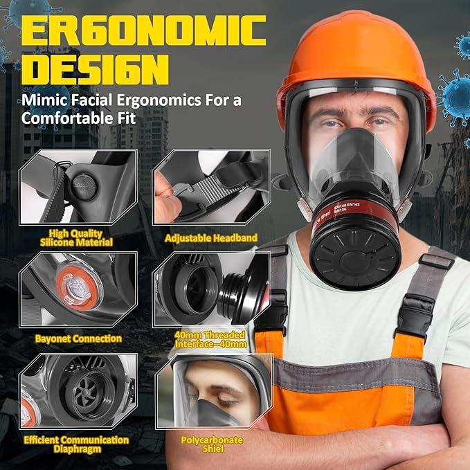 Full Face Gas Mask - Gas Masks Survival Nuclear and Chemical, Reusable Respirator Mask (6800+40mm & P-A-1)