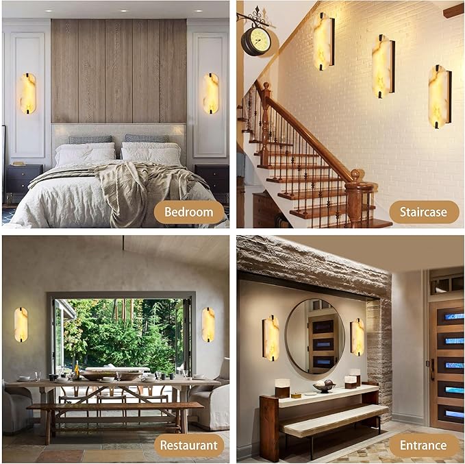 14.17in Alabaster Wall Sconces, Natural Marble Wall Light, Modern LED Alabaster Sconces for Living Room Indoor Wall Lamps for Dining Room Stairs Bedroom,Black