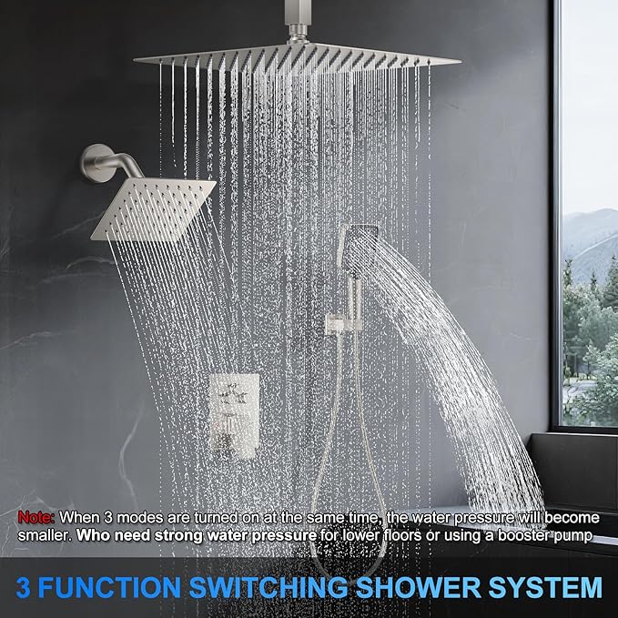 Shower Faucet Set, 12" Ceiling Mount Rainfall Shower System with 2 Rain Shower Head and Multi-function Handheld Head Push Button Diverter Shower Faucet Trim Kit (12", Brushed Nickel)