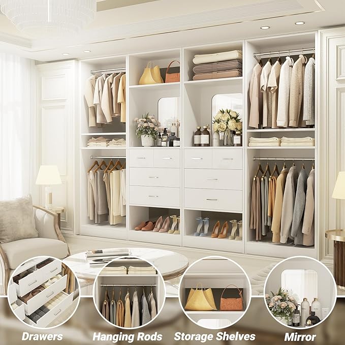 Unikito 100” Closet System with Drawers, 8.3FT Wood Closet Organizer with Hanging Rods and Mirror Design, Reversible Large Walk in Wardrobe Garment Rack with Shelves, Sturdy Closet Tower, White