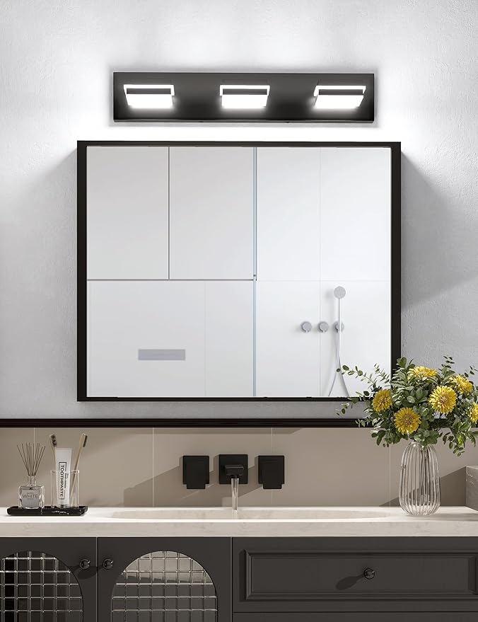 VOLISUN Modern Bathroom Vanity Light Fixtures (3-Light, 24-Inch), Matte Black LED Bathroom Lighting Fixtures Over Mirror, 360°Rotable Head, LED Vanity Lights for Bathrooms (Cool White 6000K)