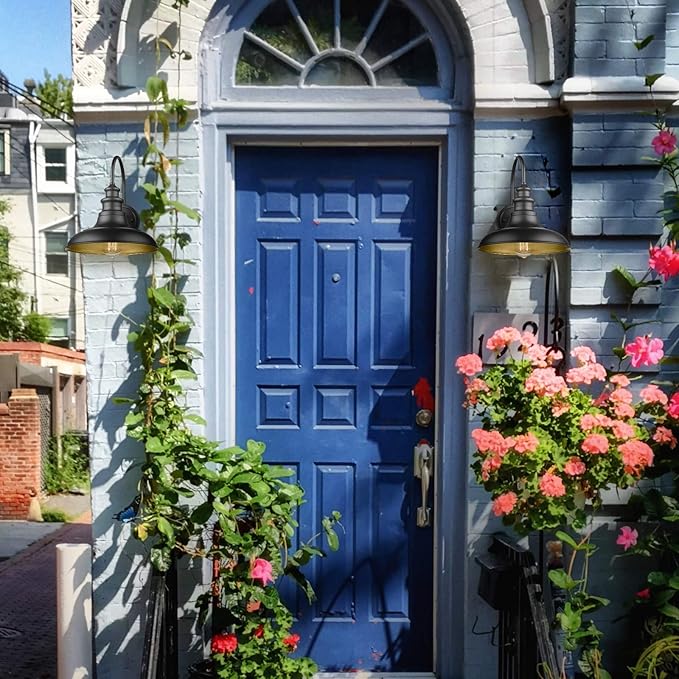 Dusk to Dawn Sensor Outdoor Barn Light Fixture, 12.3 Inch Dome Outdoor Wall Sconce Farmhouse Wall Mount Lights Exterior Gooseneck Light Fixture Black Finish Industrial Wall Lantern for Porch, 2Pack