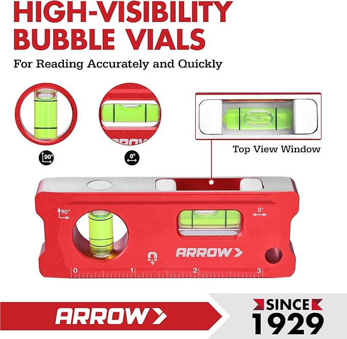 ARROW 4-Inch Torpedo Level, Small Magnetic Leveler Tool with 0°/90° Bubbles, Top-view Window, Aluminium Alloy Frame, Dual SAE and Metric Scales