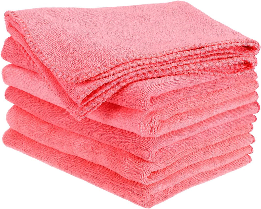 HARFINGTON 6 Pack Microfiber Cleaning Cloth, 30" x 14" Multi-Functional Cleaning Towels Reusable Absorbent Rags for Car Wash Kitchen Household Window Clean, Rose Red
