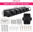 Combo 5 Slot Broom Holder w/ 1 Self Adhesive Mop Gripper No-Drilling, Wall Mount Tool Organizers For Kitchen, Garage, Laundry Room- Anti-Slip Hanger For Brooms, Mops, Rakes, Dustpans (Black / Black)