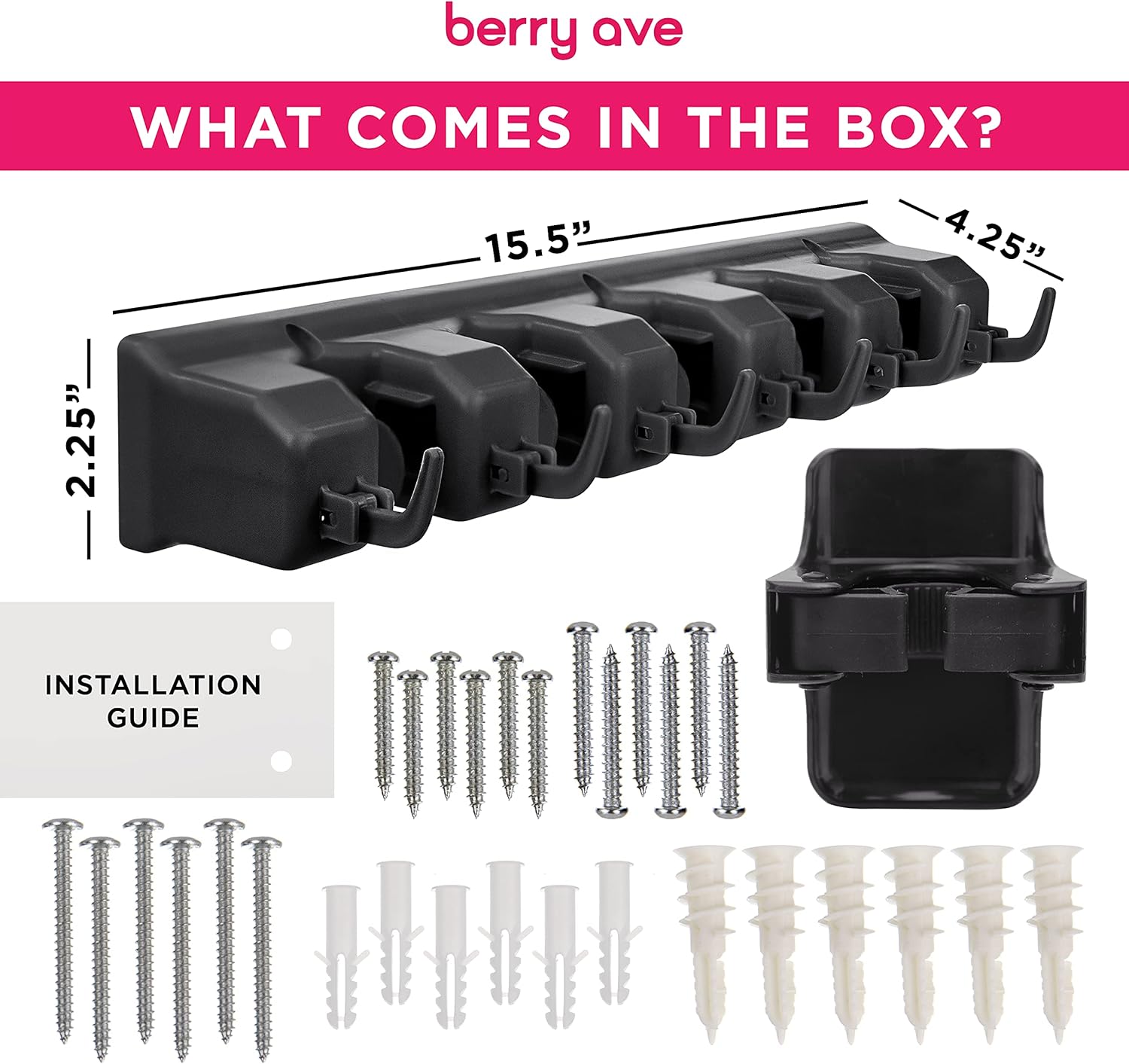 Combo 5 Slot Broom Holder w/ 1 Self Adhesive Mop Gripper No-Drilling, Wall Mount Tool Organizers For Kitchen, Garage, Laundry Room- Anti-Slip Hanger For Brooms, Mops, Rakes, Dustpans (Black / Black)