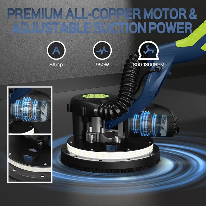 Drywall Sander, 2025 Upgraded 8-Amp Popcorn Ceiling Removal Tool with 7 Variable Speed 800-1800RPM, Drywall Sander with Vacuum Dust Collector with Extendable Handle, LED Light,12pcs Sanding Discs,Blue