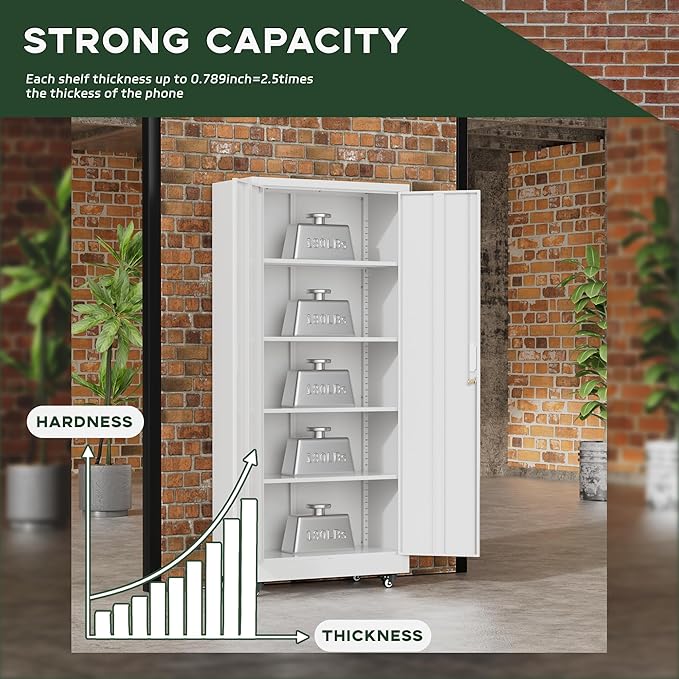 Greenvelly White Metal Storage Cabinet with Wheels, 73" Steel Garage Rolling Cabinet with Doors and 4 Shelves, Tall Locking Cabinets Tool Lockable Storage Cabinets for Basement, Pantry, Home Office