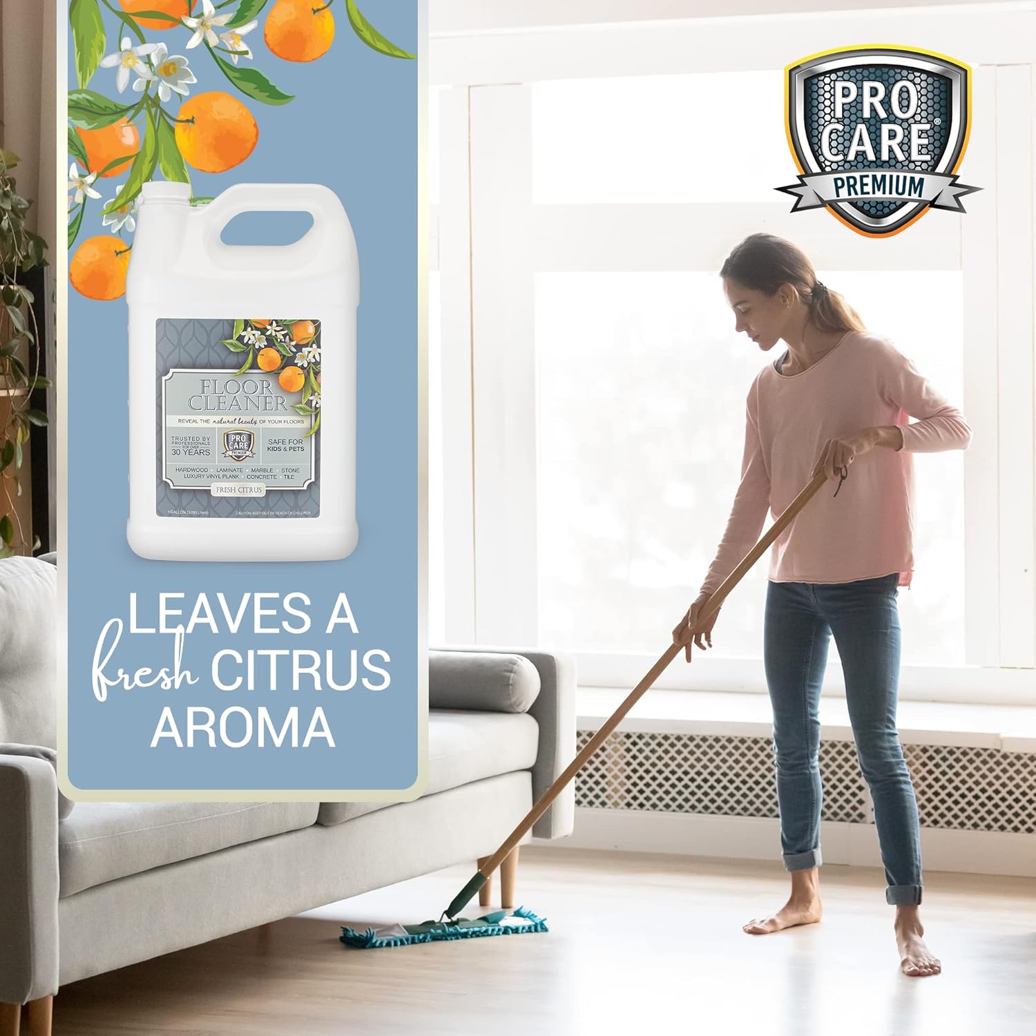 ProCare Floor Cleaner (Made in USA) | Tile, Stone, Laminate, Vinyl & Natural Wood Floor Cleaner for Mopping, Household Supplies, Cleaning Solution with Citrus Aroma - 1 Gal (128 Fl Oz)