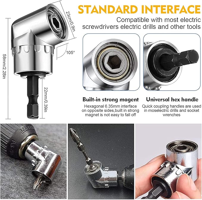 Flexible Drill Bit Extension and Universal Socket Wrench Tool Set, Hex Shank 105° Right Angle Drill Attachmen, 3pcs 1/4 3/8 1/2" Universal Socket Adapter Set and Screwdriver Bit Kit