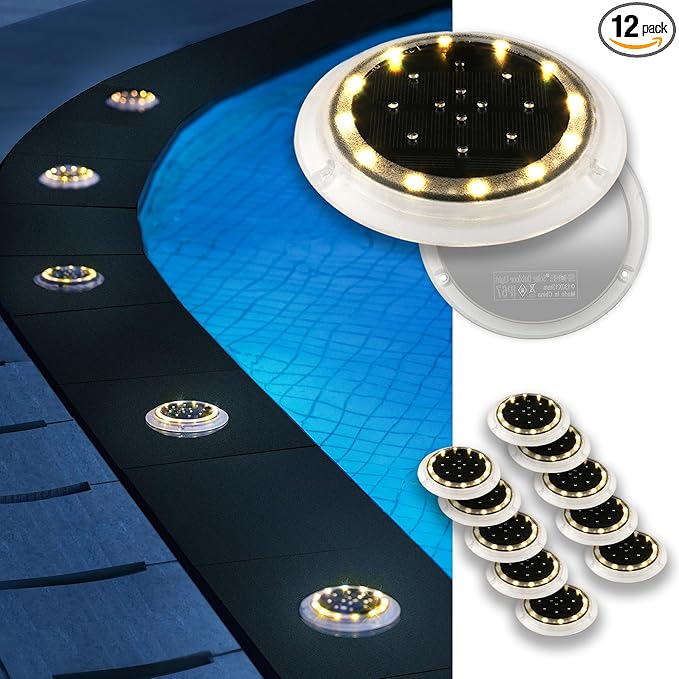 Solar Dock Lights, Super Bright Disc LED Outdoor Waterproof, Anti-Slip & Anti-Trip Flat Low Profile for Marine, Deck, Ground, Pool, Pier, Pathway, Step (Warm White, 12Pack)