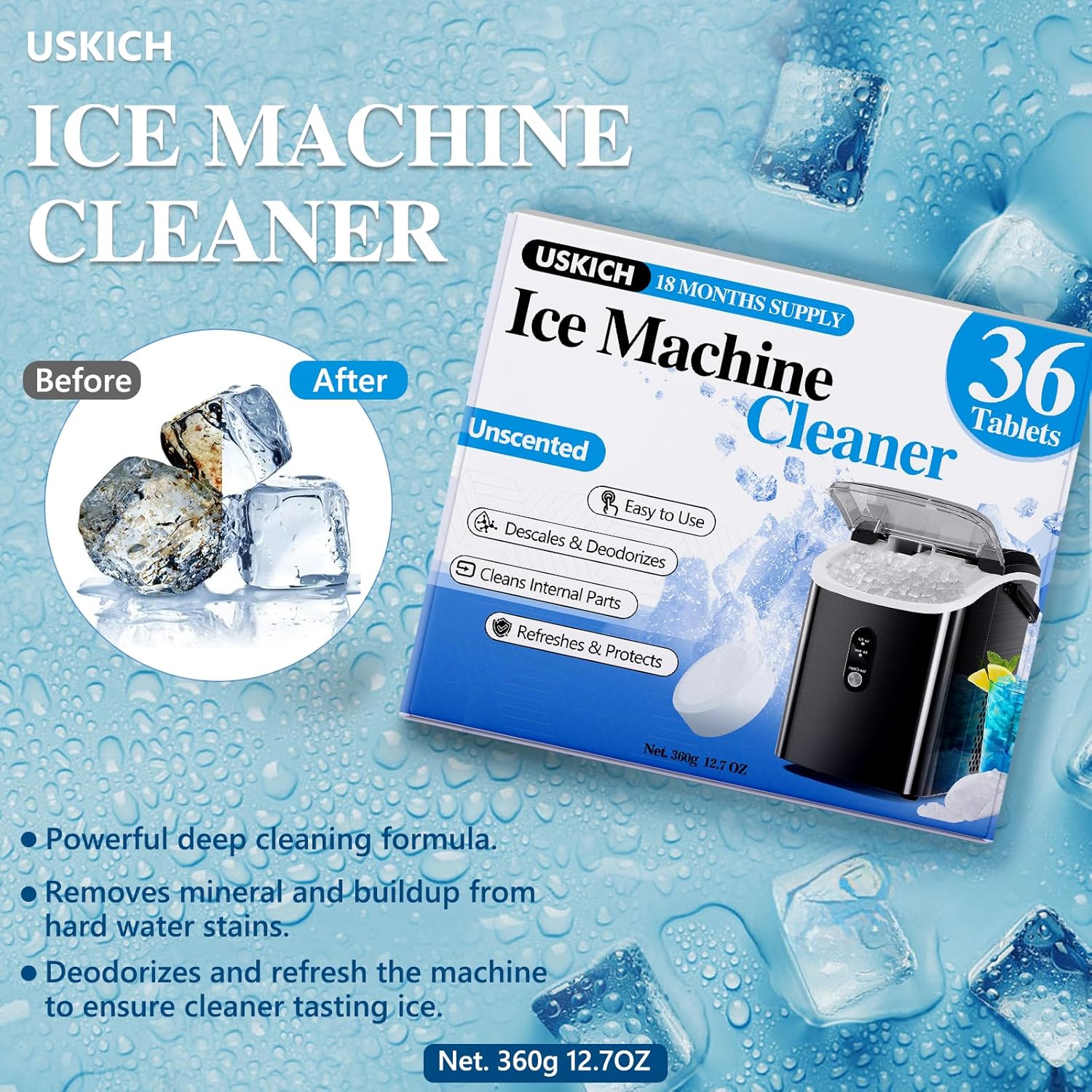 Ice Machine Cleaner Descaler Tablets-36Pack Ice Maker Cleaner Compatible with Frigidaire, Opal, GE Profile, Kitchenaid, Nickel Safe Scale Remover for Countertop, Nugget Ice Makers