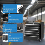 Garvee Rolling Tool Chest, 6 Drawers Tool Storage Cabinet, Toolbox with Wheels, Portable Tool Cabinet Organizer with Locking System & Drawer Liners, Tool Storage Cart for Garage, Workshop, Black