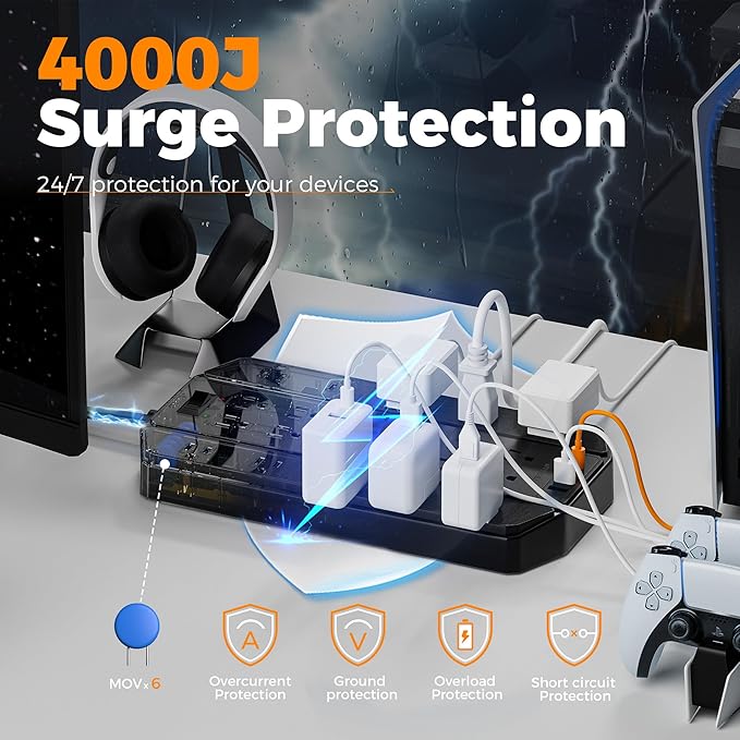 4000 Joules Surge Protector Power Strip, TESSAN 22 Outlets Large Power Strip with 4 USB(2 USB C), 10FT Heavy Duty Extension Cord with Multiple Outlets, 1875W/15A, for Home, Office, Gaming Room, Black