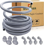 50 Foot Liquid-Tight Conduit Kit - 1/2inch Flexible Non Metallic Liquid Tight Electrical Conduit and 5 Straight and 4 Angle Fittings Included. 1/2" Dia