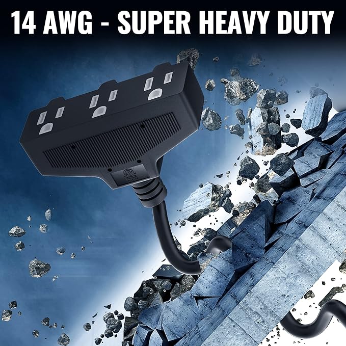 Outdoor Extension Cord 15 Ft with 3 Outlets, 14/3 SJTW 3 Prong Grounded Power Cord, 14 Gauge 14AWG Heavy Duty Power Cable, ETL Listed, 15 Amp 125 V 1875 W-Multiple Outlets for Indoor/Outdoor-Black