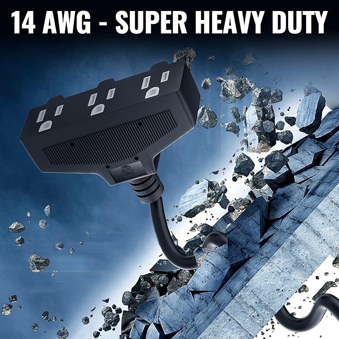 Outdoor Extension Cord 20 Ft with 3 Outlets, 14/3 SJTW 3 Prong Grounded Power Cord, 14 Gauge 14AWG Heavy Duty Power Cable, ETL Listed, 15 Amp 125 V 1875 W-Multiple Outlets for Indoor/Outdoor-Black