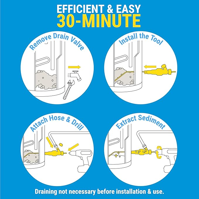 Water Heater Cleaning Tool, Improves Hot Water Supply, Removes Hard Water Sediment, Flushes Gas & Electric Tanks, Pro-Grade DIY Solution