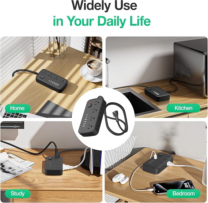 Surge Protector Power Strip - 8 AC Outlets & 6 USB Ports (4A/2C), 1080J Extension Cord with Multiple Outlets, 2-Sided Outlet Extender, 5FT Extension Cord, Wall Mount for Travel, Dorm Room