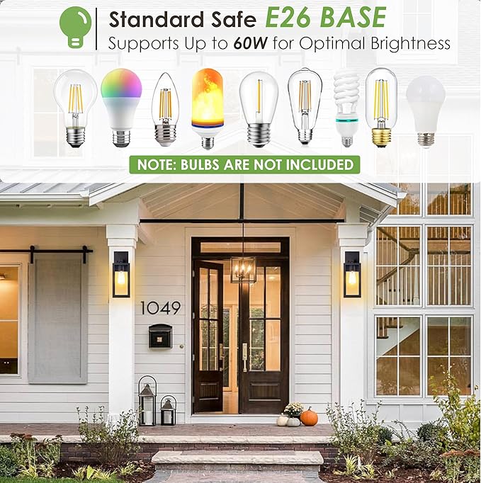 GRUENLICH Waterproof Large Outdoor Wall Lanterns, Modern Black Porch Sconces with Clear Glass Shade, E26 Socket Max 60W, IP65 Rated, Metal Frame, for Patio, Front Door, Entryway, 1-Pack