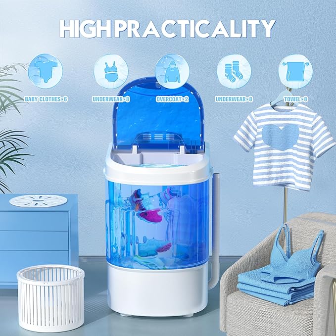 INTERGREAT Portable Washing Machine, 6.6 Lbs Mini Washer Machine, Single Tub Laundry Small Washer for Apartments, Dorms, RV, Traveling, Blue