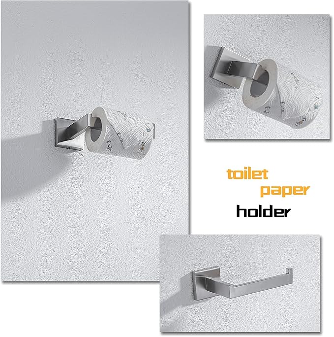 4-Piece Bathroom Hardware Set, Towel Rack Towel Bar Towel Holder Toilet Paper Holder Towel Hooks Modern Square Premium Stainless Steel Brushed Nickel Wall Mounted Bathroom Accessories Set (16inch)