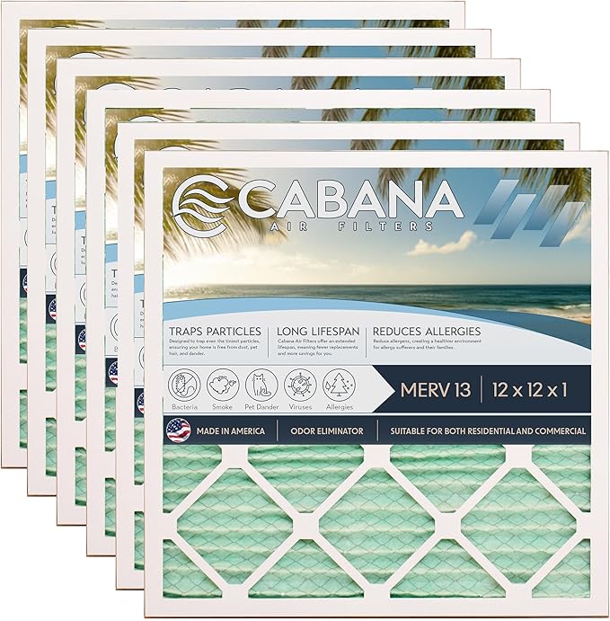 Cabana Filters 6-Pack 12x12x1 MERV 13 AC Furnace Air Filter for Home and Office - Indoor HVAC System Filtration Replacement, Captures Unwanted Particles