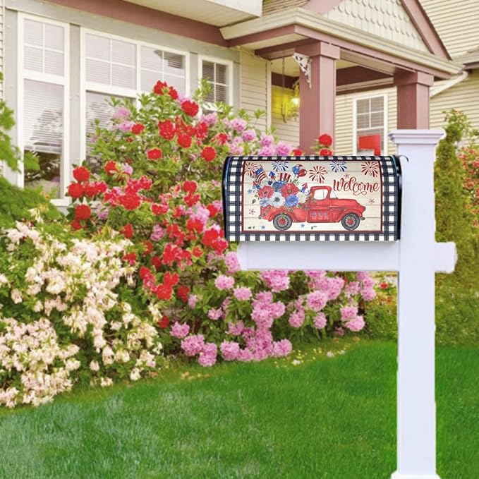 Buffalo Plaid Patriotic Mailbox Covers - American Flag Red Blue Floral Truck Magnetic Standard Size 21x18 In Waterproof Post Box Wraps Garden Yard Home Decor for Outdoor