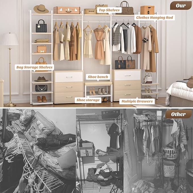 Aheaplus 8FT Closet Organizer Systems with 6-Drawers, 96'' Wood Closet Organizer with Storage for Walk in Closets, Clothing Rack Wardrobe Closet Garment Rack for Hanging Clothes, Bedroom, White Oak