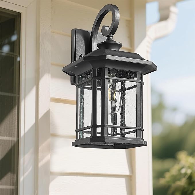 Exterior Wall Sconce, Outdoor Waterproof Wall Mount Light Fixture, E26 Socket Anti-Rust Matte Black Finish Outdoor Lighting Fixture,Outside Lantern Lamp with Seeded Glass (Black, 15.96 Inch Height)