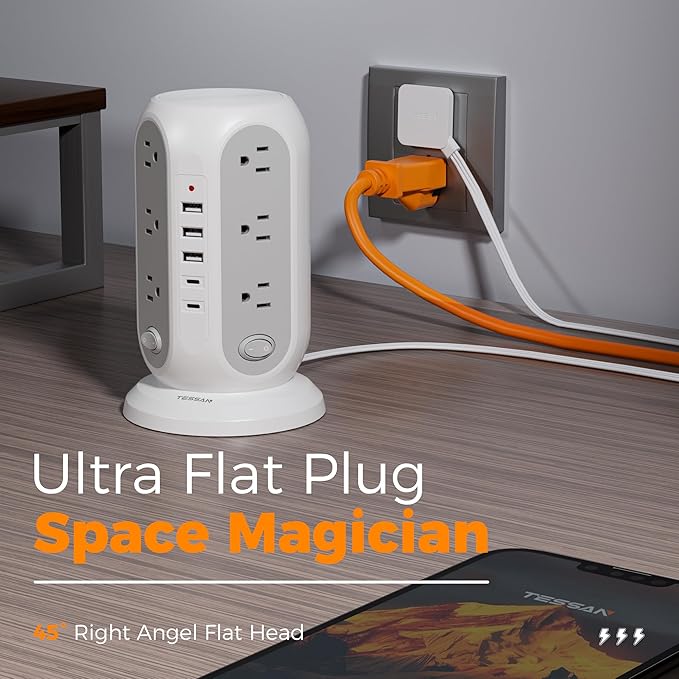 TESSAN Tower Power Strip with Individual Switches, Surge Protector with 12 Outlets, 5 USB Ports(2 USB C), Flat Extension Cord 10 Ft, Flat Plug, Charging Station for Multiple Devices, for Office, Dorm