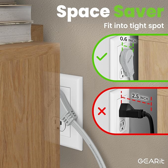 GEARit 360 Rotating Flat Plug Short Extension Cord with 3 Outlets (4ft, Gray) 16AWG/13A 3 Prong Wire, Outlet Saver for Home Office Dorm Room Essentials, ETL Certified
