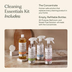 Branch Basics Cleaning Essentials Kit: All Purpose, Glass and Bathroom Cleaner - Concentrate (33.8 Oz) (17 Refills) + Refillable Plastic Spray Bottles (24 Oz) Plant Based, Human-Safe, & Fragrance Free