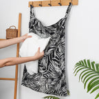 Linen Hanging Laundry Bag, 100% Linen Leaf Print Over The Door Laundry Hamper with Buttons and Zipper, Space Saving Door Hampers for Laundry Dirty Clothes Home Travel, Black, 19.7x27.5inches
