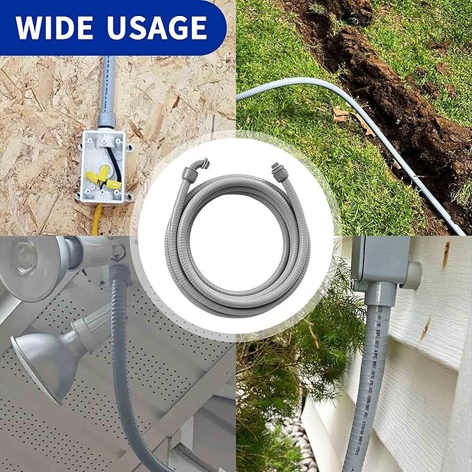 (1/2" Dia * 50 Feet) Yariwiz Flexible Electrical Conduit Liquid Tight PVC Conduit Kit with 5 PCS Coupling, 3 PCS Elbow and 10 PCS Strap, Sealtight Seal Flex Liquidtight Wire Outdoor Non Metallic Grey