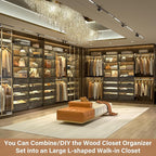 Aheaplus Closet System with 8 Wooden Drawers, Wood Closet Organizer System with Tower, Walk-in Closet Organizer Wardrobe Clothes Rack with 4 Hanging Rods, Garment Rack, Cut to Fit 7-12Ft, Black Oak1