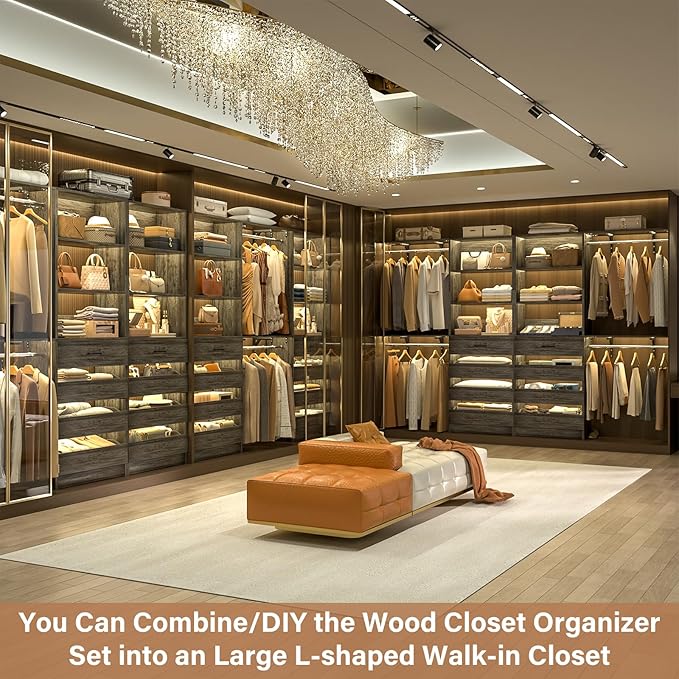 Aheaplus Closet System with 8 Wooden Drawers, Wood Closet Organizer System with Tower, Walk-in Closet Organizer Wardrobe Clothes Rack with 4 Hanging Rods, Garment Rack, Cut to Fit 7-12Ft, Black Oak1