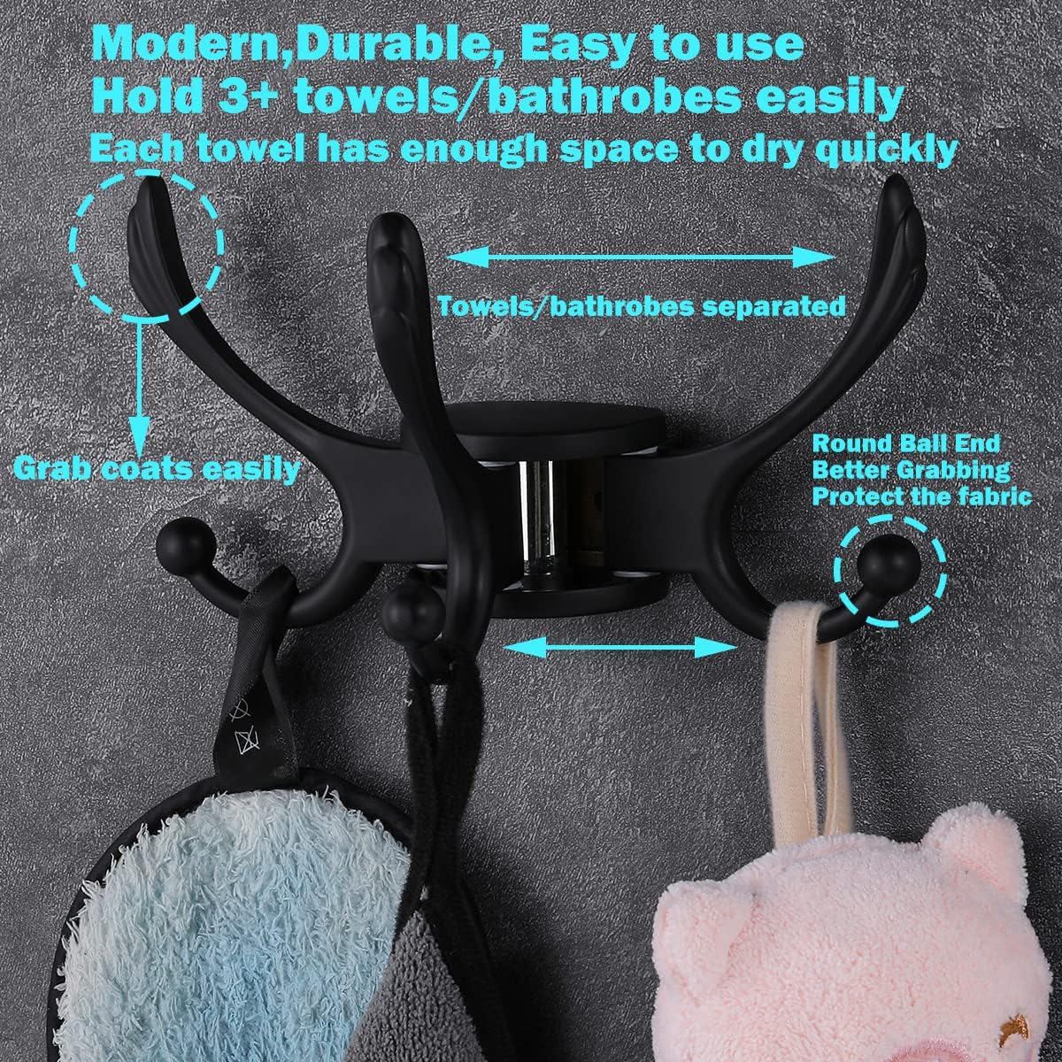 Swivel Coat Hook 2 Pack Heavy Duty Space Saving Towel Rope Hook Wall Mount Triple Swing Arms for RV Bathroom Kitchen Garage,Matt Black