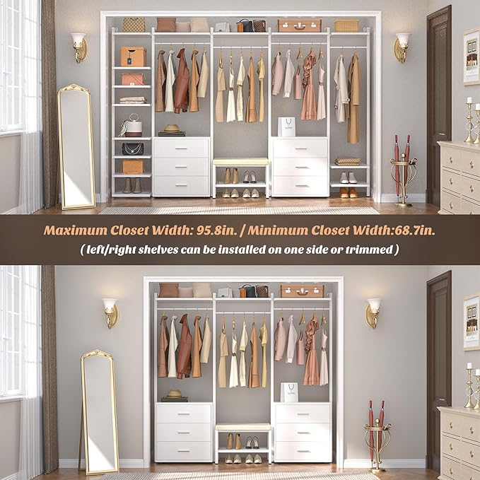 Aheaplus 8FT Closet Organizer with 6-Drawers, 96'' Wood Organizer with Storage, Clothing Rack Wardrobe Closet Garment Rack for Hanging Clothes, Bedroom, White