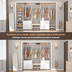 Aheaplus 8FT Closet Organizer with 6-Drawers, 96'' Wood Organizer with Storage, Clothing Rack Wardrobe Closet Garment Rack for Hanging Clothes, Bedroom, White