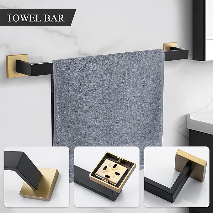 TURS 5-Piece Bathroom Hardware Set Black and Gold Towel Bar Sets Include 24 Inch Towel Bar Hand Towel Holder Toilet Paper Holder and 2 Towel Hooks,Stainless Steel Wall Mounted