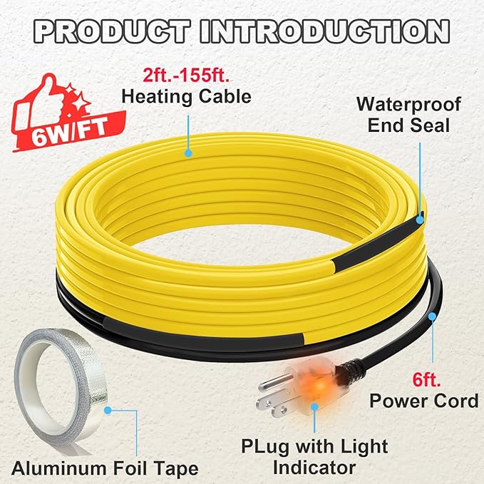 135 Ft Pipe Heat Cable for Water Pipe Freeze Protection, Self-Regulating Heat Tape for Metal and Plastic Pipes, Anti-Freeze Pipe Heating Trace System 6W/Ft 120V