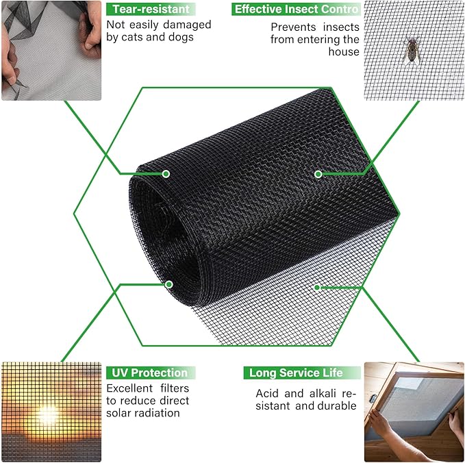 Window Screen Replacement Kit 48 Inch X 66 Feet Durable High Hardness Nanofibers Roll Screen Mesh Window Screen Repair Kit Black for Any Door and Window