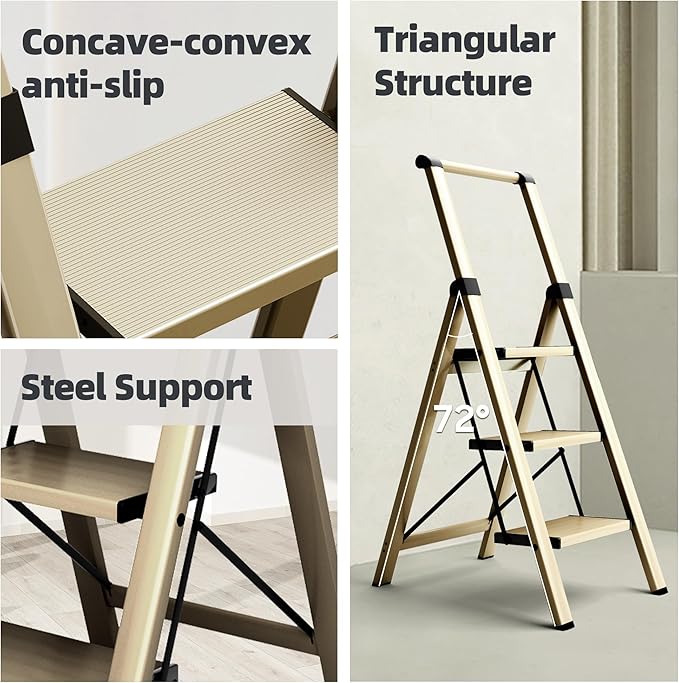 HillhutApex 3 Step Foldable Aluminum Step Ladder with Handgrip, Anti-Slip Pedal, 330 lbs Capacity, Lightweight & Portable for Home, Kitchen, Office, Garage (Gold)