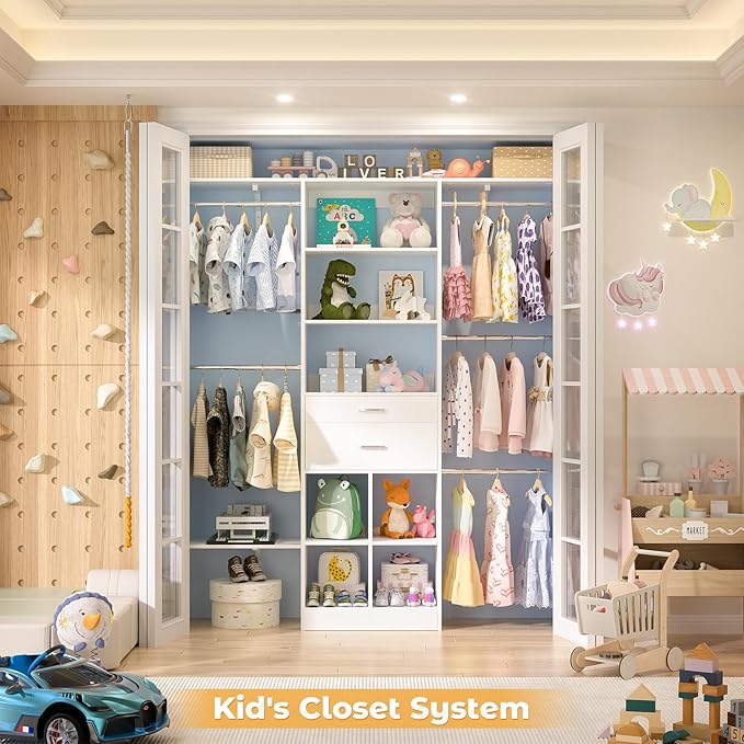 5FT Closet Organizer System with Wooden Drawers, 60 Inches Walk In Closet System With 5 Hanging Rods, Can Fit 1.58 to 6.8 FT with Reversible Hanging Shelving, White